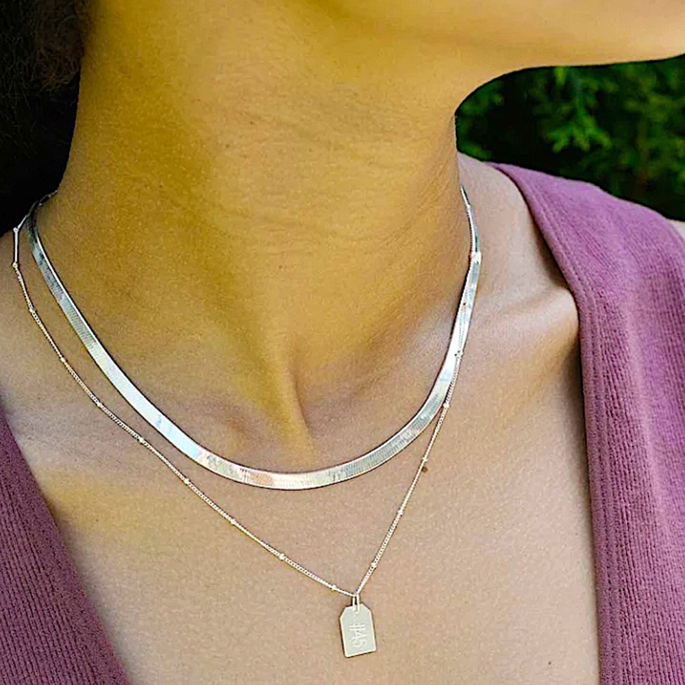 Sterling Silver Herringbone Flat Snake Necklace - Picture 7 of 14